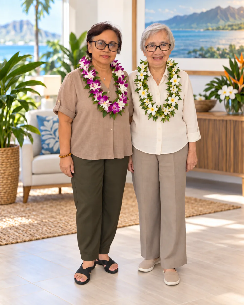 Kamaʻāina Healthcare Services founders Leticia Dexter (left) and Diana Nieva (right), wearing lei